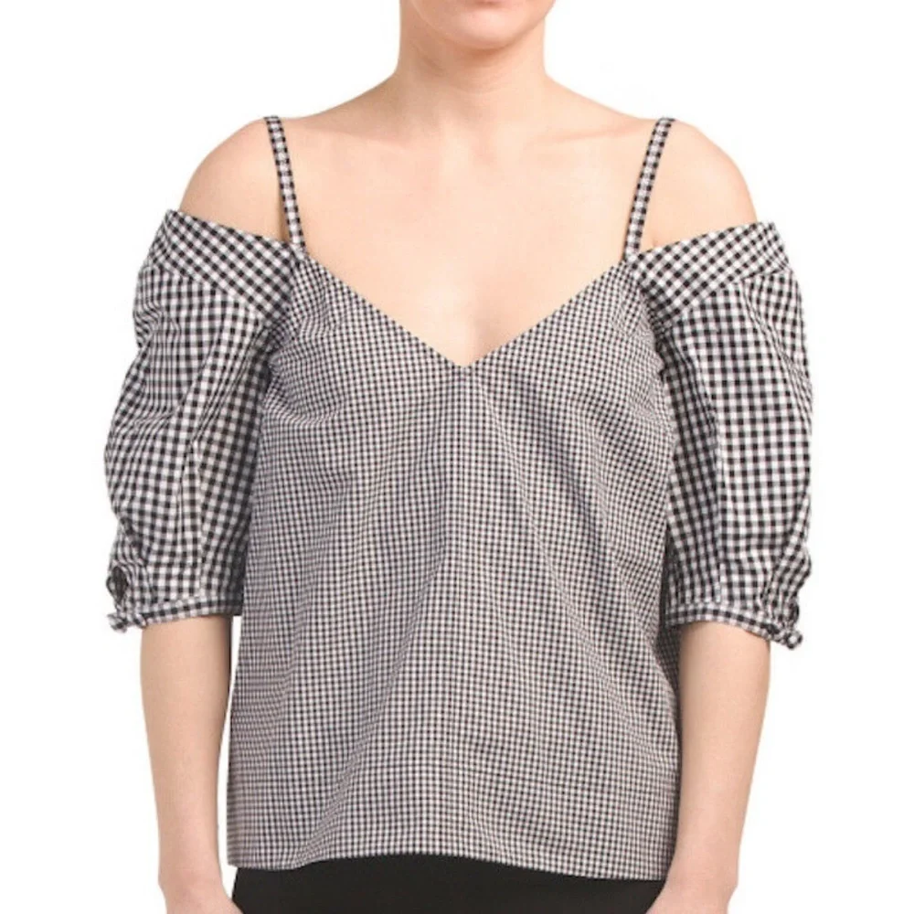 Derek Lam 10 Crosby Black and White Gingham Top, Size 8, Cold Shoulder, V Neck